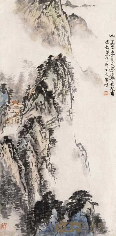 邱陶峰 1977年作 山水图 立轴 69.5×34cm